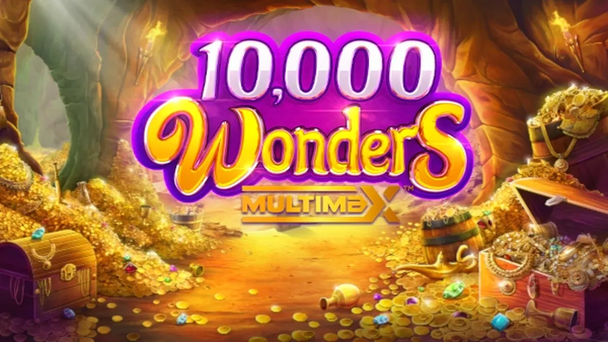 Captura de tela do jogo 10,000 Wonders Multimax, mostrando símbolos vibrantes e a grade de jogo.